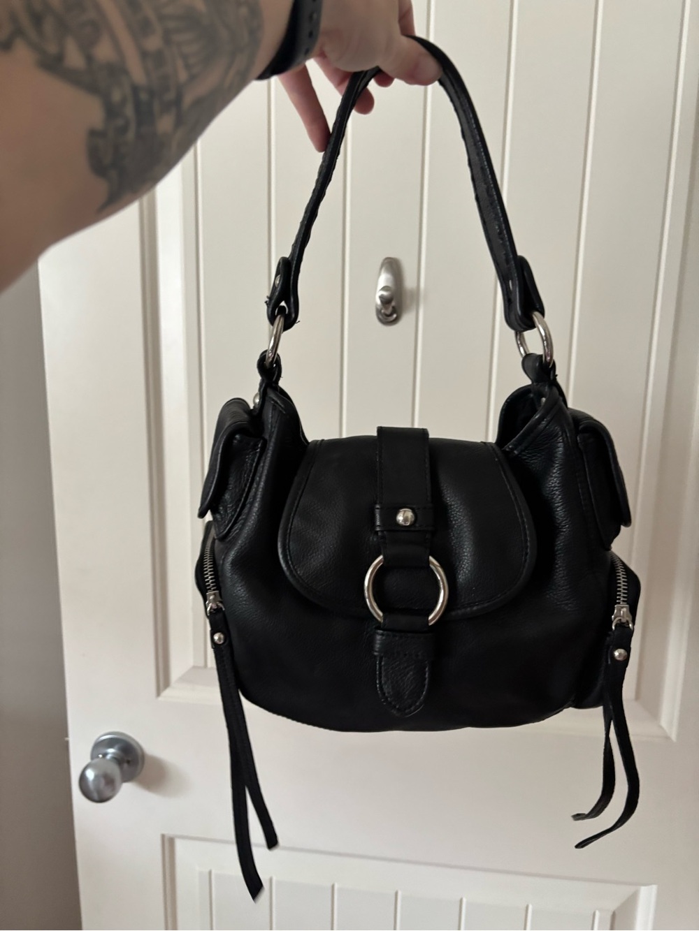 Black Leather Shoulder Bag with Ring Accent